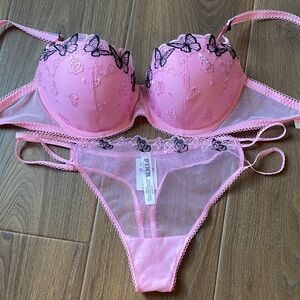 Victoria's Secret Pink and Black Embroidered Butterfly Bra Set